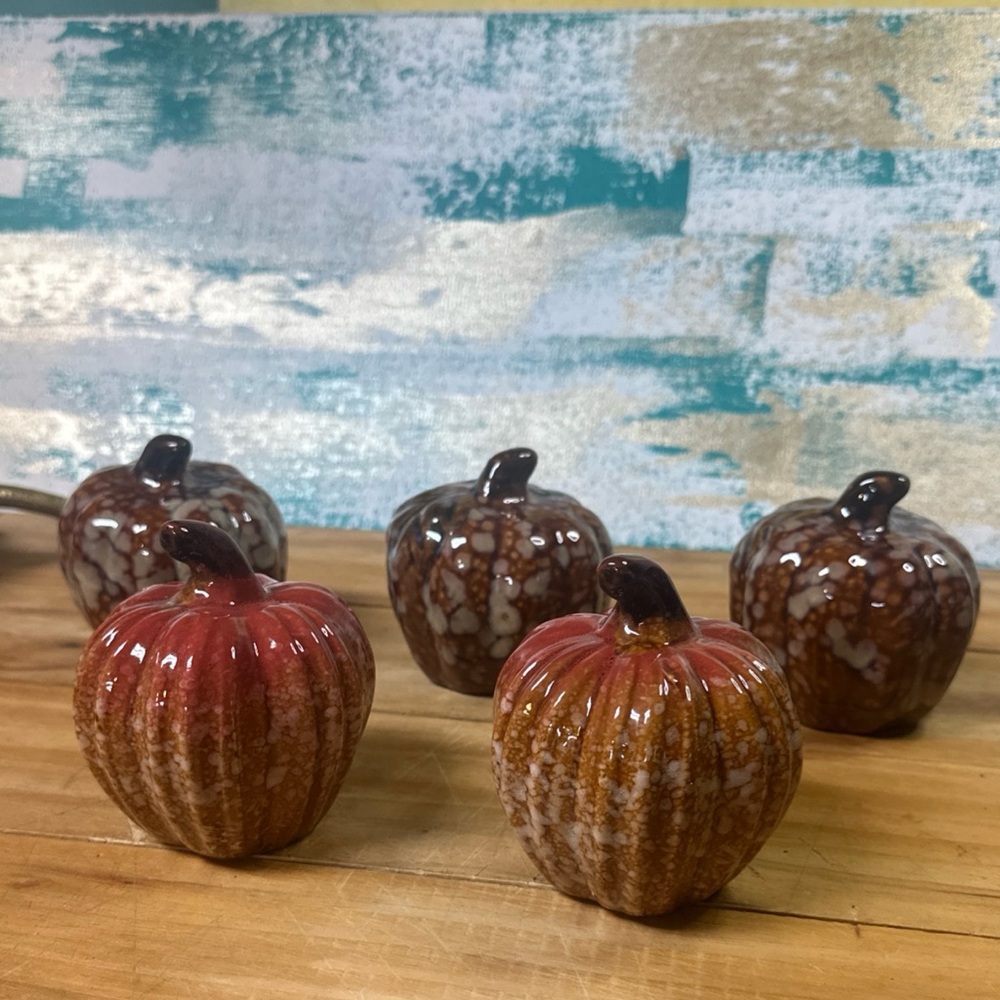 Ceramic Pumpkin Decor Set Of 5 Orange Brown Red & Cream - Fall Decoration
